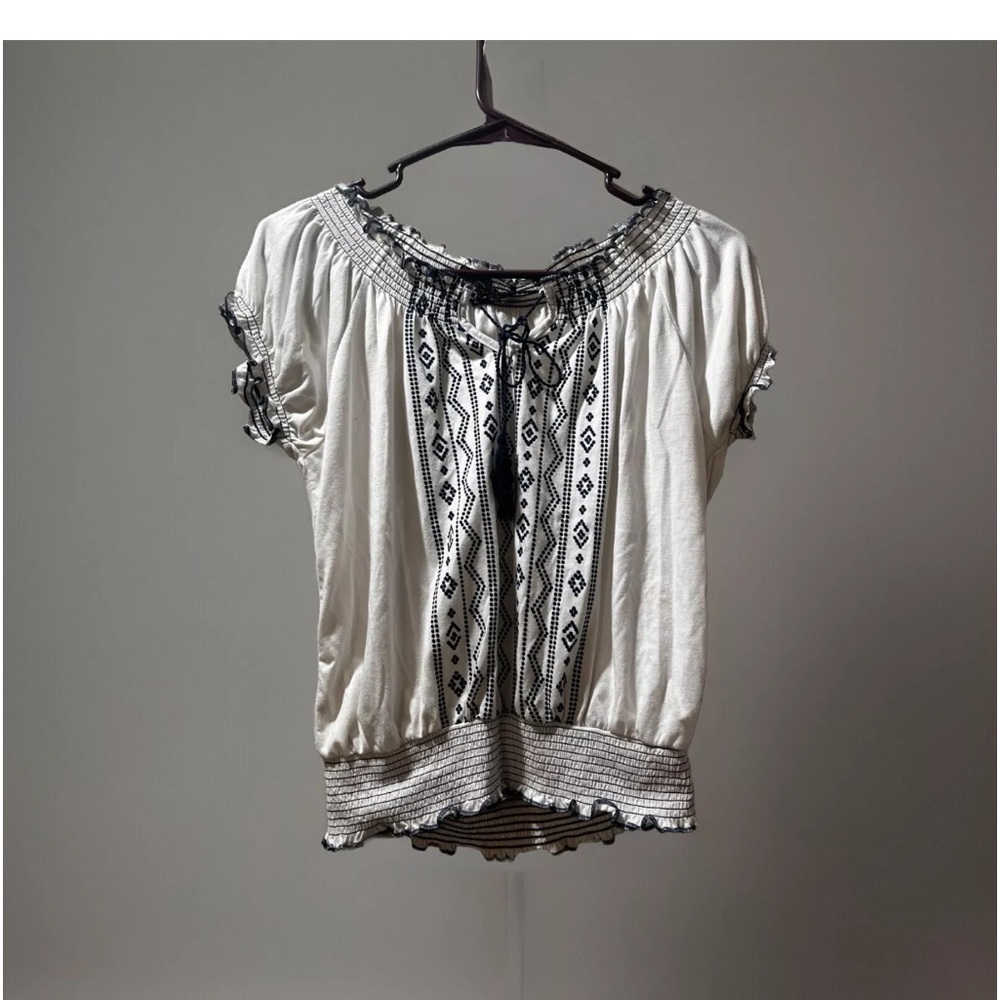 Almost Famous Women's Blouse
White With Blue Embroidery Aztec
Western Size L